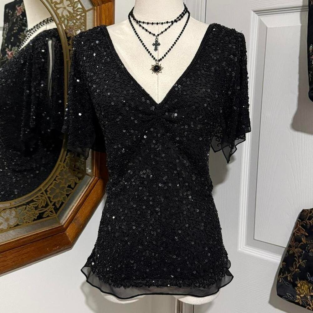 VTG Y2K Adrianna Papell Black Beaded Sequin 100% Silk V Neck Flutter Sleeve Top